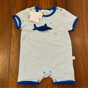 Albetta crochet shark blue/white stripe short sleeve romper NWT